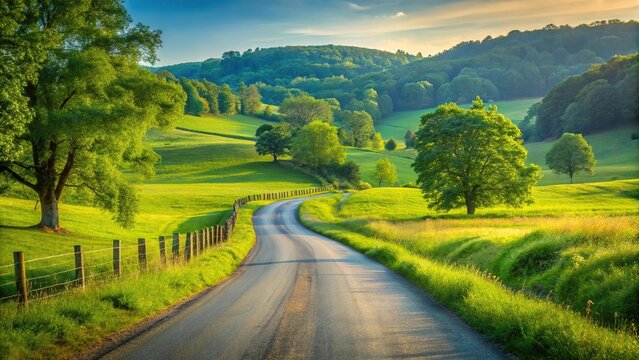 Scenic country road winding through vibrant green landscape with shallow depth of field.