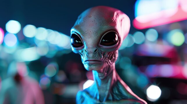 Alien gaze, an extraterrestrial being with dark wide eyes gazes into the distance, set against a mysterious, blurred night backdrop filled with intrigue and wonder.