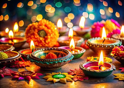 Vibrant Diwali celebration scene with colorful diyas, twinkling lights, and festive decorations, conveying warmth, happiness, and joyous greetings for the festive season.