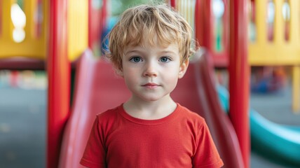 A cute child standing confidently in front of a playground slide, showcasing innocence and joy in vibrant colors.