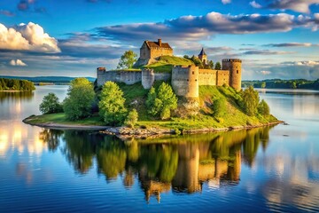 Scenic landscape of island with ancient castle and river