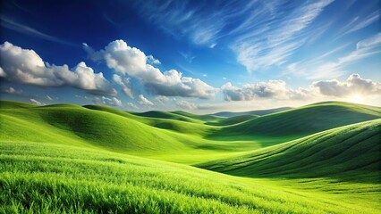 Obraz premium Scenic landscape with lush green grass and blue sky over rolling hills