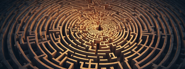 Fototapeta premium A minimal illustration of a maze with a single path leading to a central, hidden eye symbol, representing the idea of complex, hidden agendas within powerful organizations. The maze is simple,