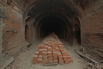 Obraz premium A Pile of Bricks in a Crumbling Brick Tunnel