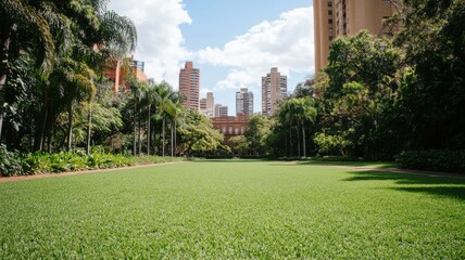 Obraz premium A lush green lawn framed by vibrant trees and city buildings under a bright blue sky, creating a serene urban oasis.