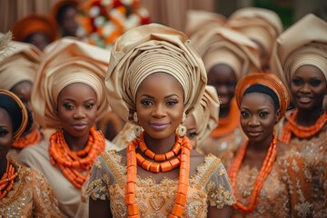 A group of women in traditional Nigerian attire, with the bride standing in the center, wearing a beaded necklace and a head wrap.