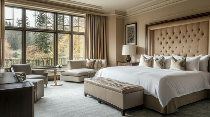 Fototapeta premium Luxurious hotel bedroom with elegant decor and large windows showcasing natural light.
