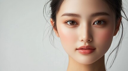 A Japanese woman poses elegantly with a soft expression, showcasing flawless skin illuminated by gentle lighting, emphasizing her natural beauty and tranquility