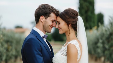 A romantic wedding moment showcasing a couple sharing a heartfelt gaze in a picturesque outdoor setting.