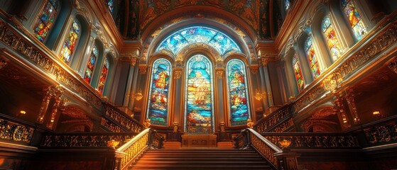 Obraz premium Ornate Staircase with Stained Glass Windows in a Grand Hall