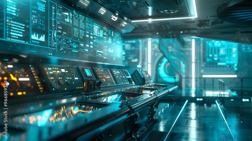 Poster futuristic control room with large complex digital data displays filled with advanced technology fut