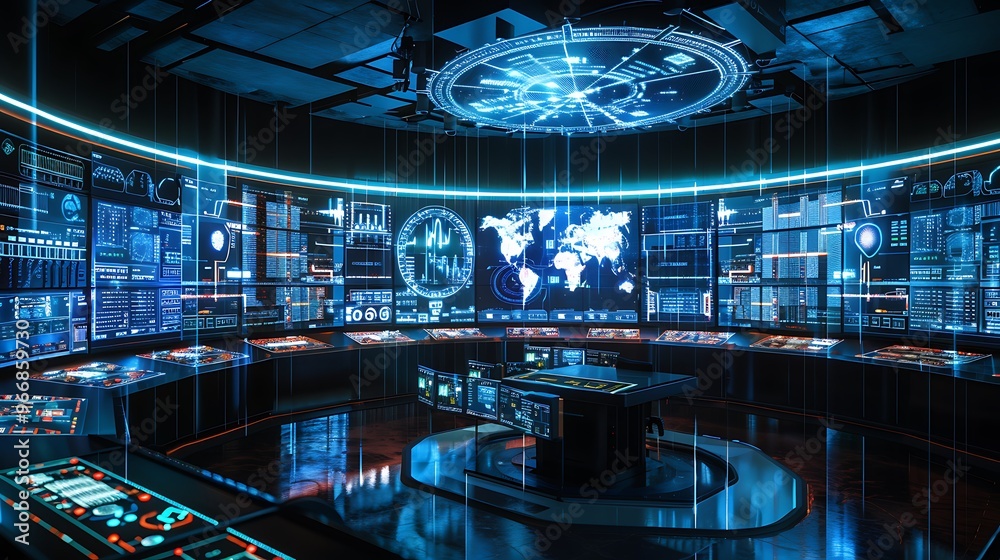 Poster futuristic control room with multiple monitors displaying data and graphics. the room is filled with