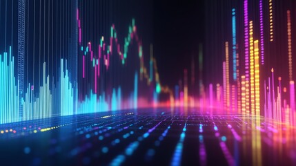 A closeup view reveals a dynamic digital display showcasing a stock market growth chart, featuring vibrant lines and colorful data points that illustrate financial trends