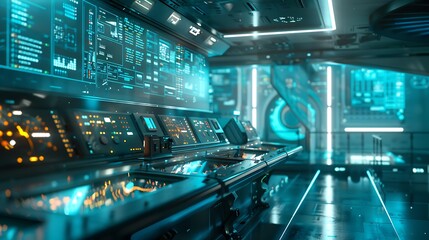 Obraz premium Futuristic control room with large complex digital data displays filled with advanced technology futuristic high-tech monitor button control panels.