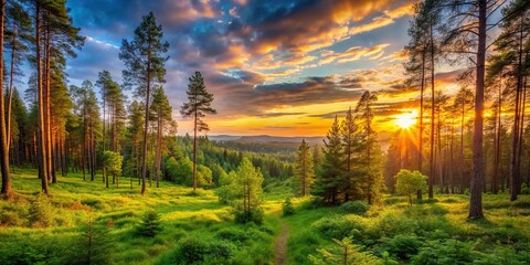 Scenic sunset in lush forest with trees