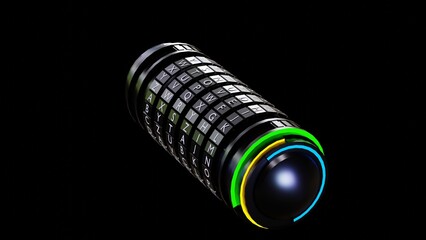 A detailed 3D render of a cryptex, a game asset featuring intricate mechanical elements and a vintage design. Perfect for game development, puzzles, and interactive experiences.