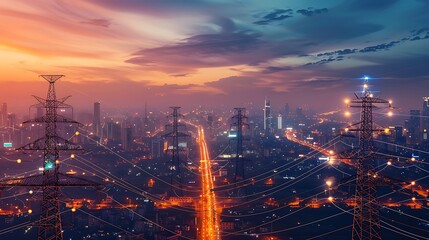 Fototapeta premium Sunset over power lines and towers with illuminated cityscape for showcasing urban life electricity distribution and infrastructure presence in modern metropolitan environment concept.