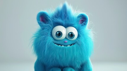 Fototapeta premium A cute blue furry creature with big eyes and a happy expression. It's a 3D render of a cartoon monster, perfect for children's books, games, and branding.