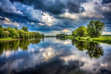 Fototapeta premium Scenic view of a river with trees along the bank and a cloudy sky above