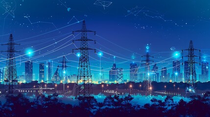 Obraz premium Nighttime cityscape with power lines stretching across the horizon. The city's lights create a mesmerizing glow against the dark sky.