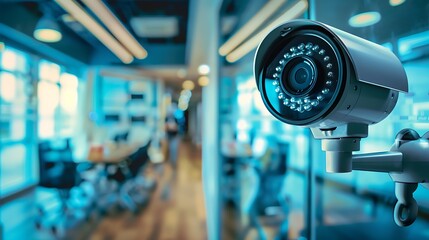 Security camera mounted on a wall, overlooking a modern office.