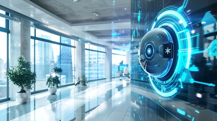 Futuristic digital interface with a glowing orb and a blue background, set against a modern office setting with large windows and sleek design.