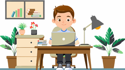 Fototapeta premium Dynamic Young Freelancer Boy Working with a Laptop Vibrant Vector Illustration