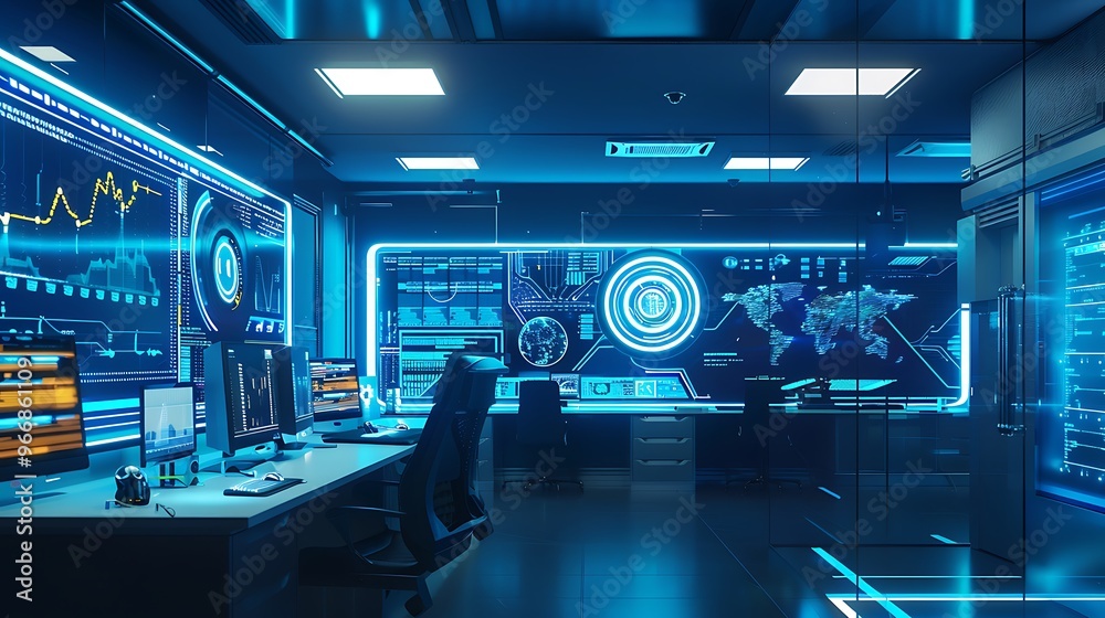 Poster futuristic control room with advanced technology, featuring large screens displaying data and visual