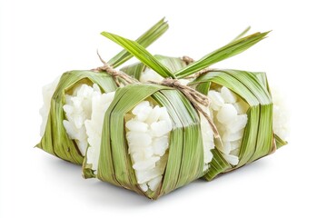 Ketupat or rice dumpling is a local delicacy during the festive season. Ketupats, a natural rice casing made from young coconut leaves for cooking rice isolated on a white background, with ai