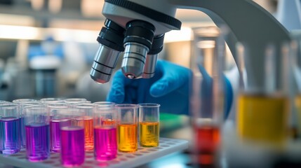 A laboratory technician, wearing protective gloves, focuses on a microscope while handling a tray filled with vibrant, colorful samples for analysis in a research setting