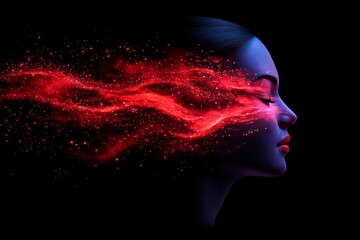 Brain signals neural cognition and thought emission abstract profile with glowing red and orange particles symbolizing thought energy and neural expansion