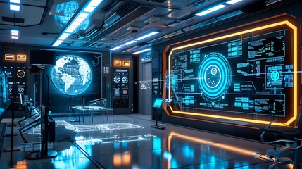 Obraz premium Futuristic control room with holographic displays and advanced technology. The room is filled with screens showing data and information, a glowing globe displays the earth.
