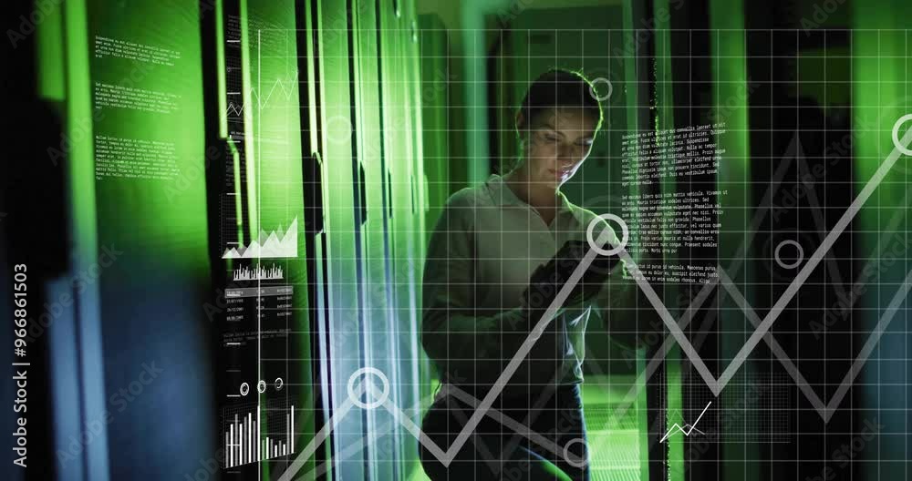 Poster animation of data processing over caucasian female worker using tablet in server room
