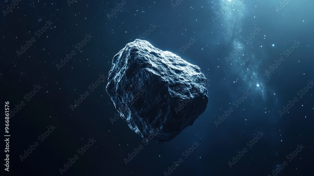 Wall mural lonely asteroid: a single, rugged asteroid floating through the dark expanse of space, illuminated b