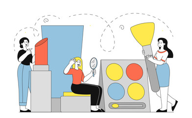 Women with cosmetics. Young girls with palette, makeup, cream and brushes. Beauty procedures aesthetics and elegance. People with make up. Linear vector illustration