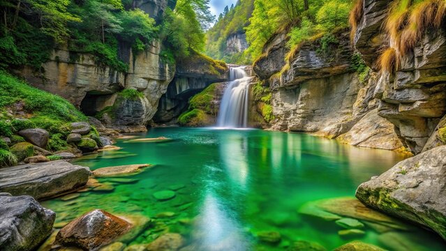 Scenic view of giant potholes in Toce River with green water and waterfall in Uriezzo