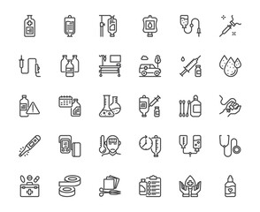 Vector simple saline solution and related pharmacy equipment outline icon set, health and medical concept, 48x48 pixel perfect editable stroke on white transparent background for website, app develop