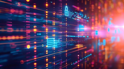 Abstract illustration of a digital network with glowing padlock icon for representing cyber security data protection digital safety and secure online communication concept.