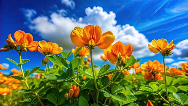 Vibrant orange-colored ara arachis plant with delicate white flowers and tendrils, growing vigorously in a lush green landscape under a bright blue sky.