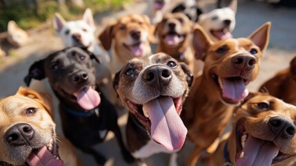 A lively gathering of dogs showcases their joyful personalities, closely packed together with happy expressions, capturing the essence of friendship and fun during a sunny day outdoors