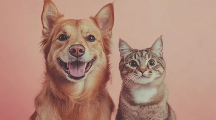 A golden retriever and a tabby cat sit side by side, both displaying happy expressions, set against a soft pastel backdrop that enhances their joyful demeanor