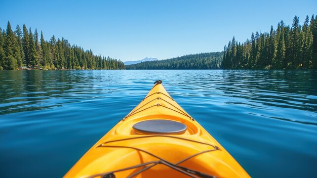 A vibrant orange kayak gliding across a serene blue lake surrounded by lush greenery under a clear blue sky. - Powered by Adobe