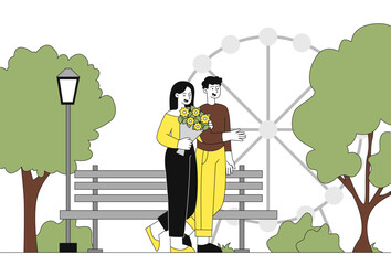 Couple walking in park. Man and woman with bouquet of flowers walk against background of bench and Ferris wheel. Romantic date in summertime. Linear vector illustration