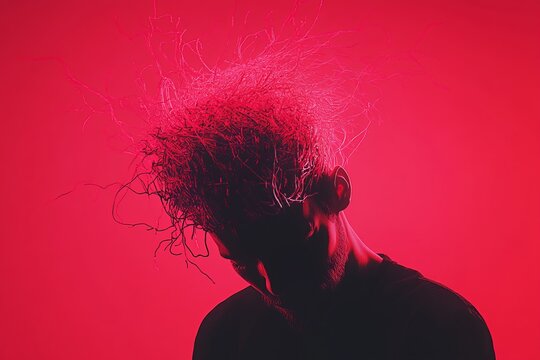 Brain power brain and sound and conceptual creativity person&rsquo;s head exploding with energy in a red background symbolizing creativity and thought explosion
