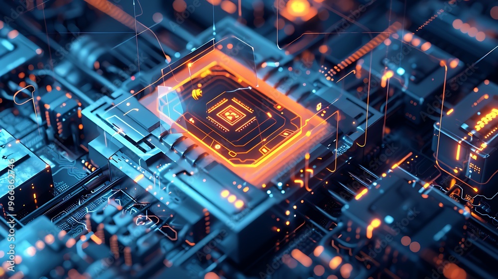 Poster close-up view of a glowing orange microchip on a circuit board, illustrating the complexity and beau