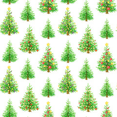 Christmas trees seamless pattern on white background. Hand drawn evergreen fir trees with festive bright vintage style decoration. Winter holidays festive traditional decor seamless pattern element