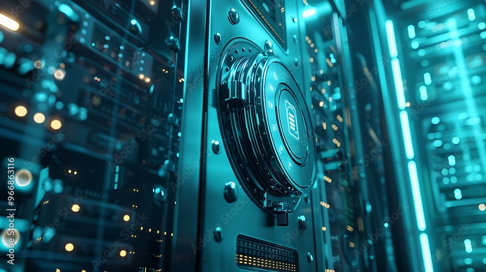 Poster futuristic server in a data center with a digital vault, representing data security and cyber protec