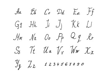 Alphabet is handwritten in black pen scrawl on white background. Doodle style English letters are uppercase and small in different styles.