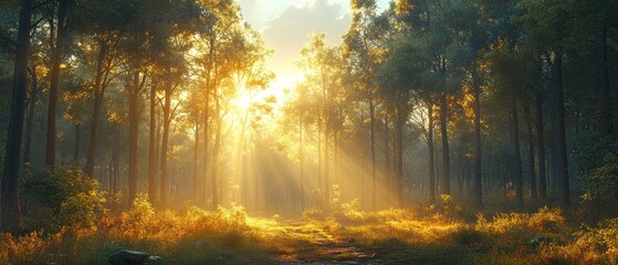 Fototapeta premium Sunbeams Illuminating a Forest Path