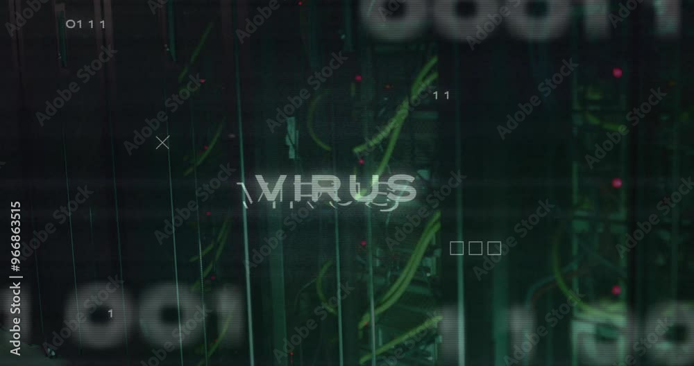 Poster animation of virus text over data processing and server room